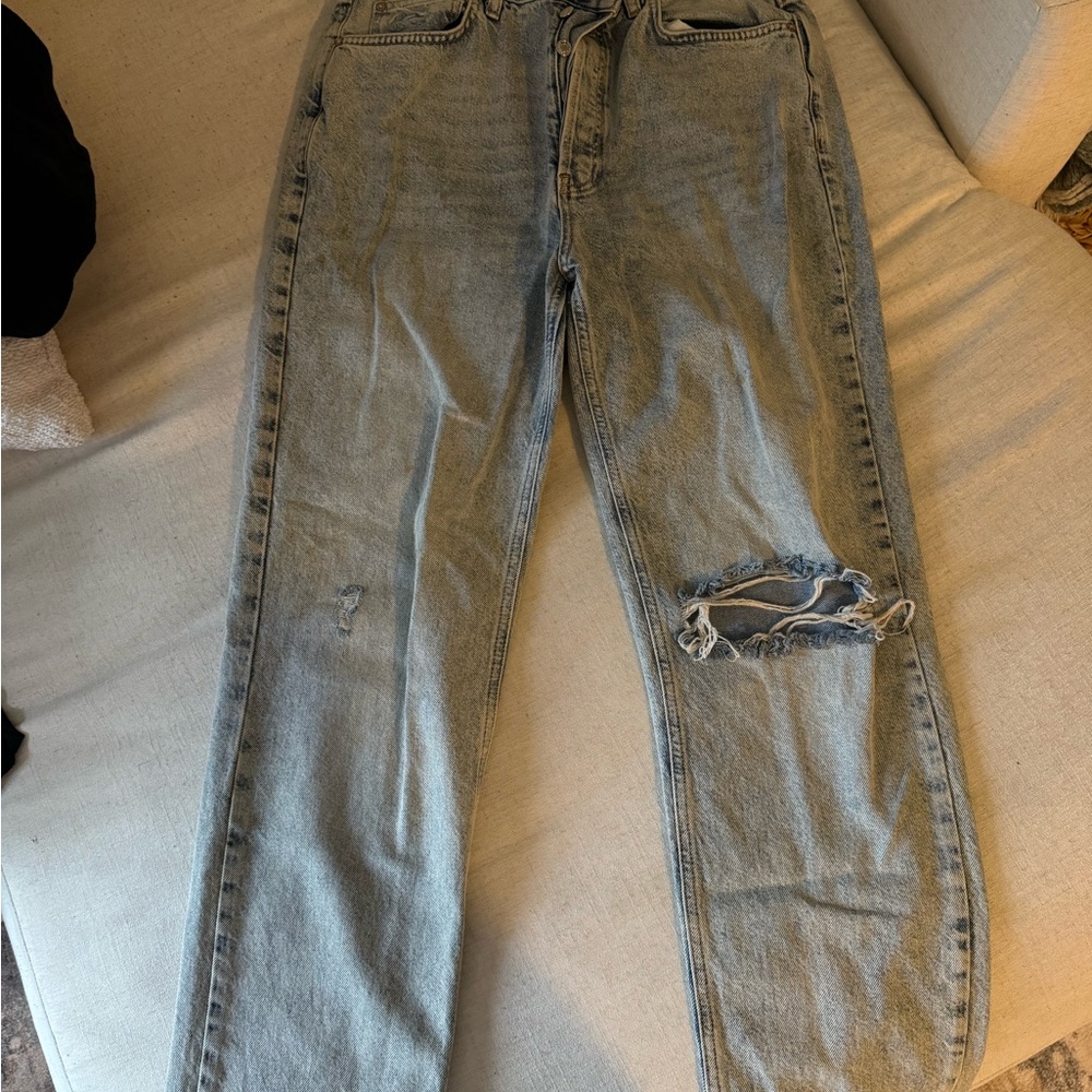 Free People Light Blue Distressed Straight Leg Jeans
